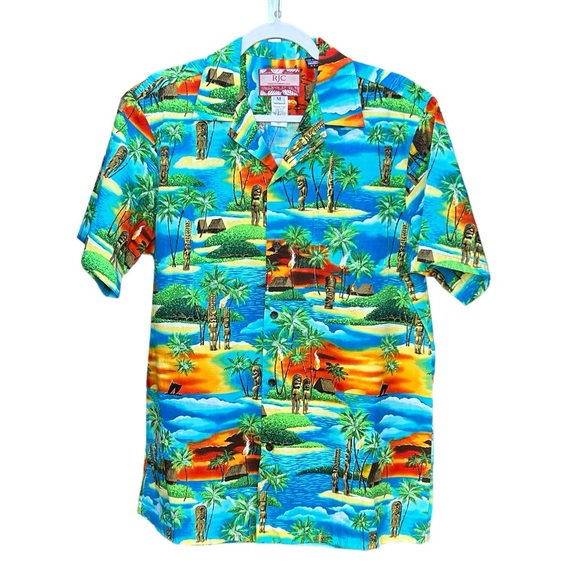 RJC Other - RJC Hawaiian Beach Front Palm Trees Tiki Print Shirt Size M.